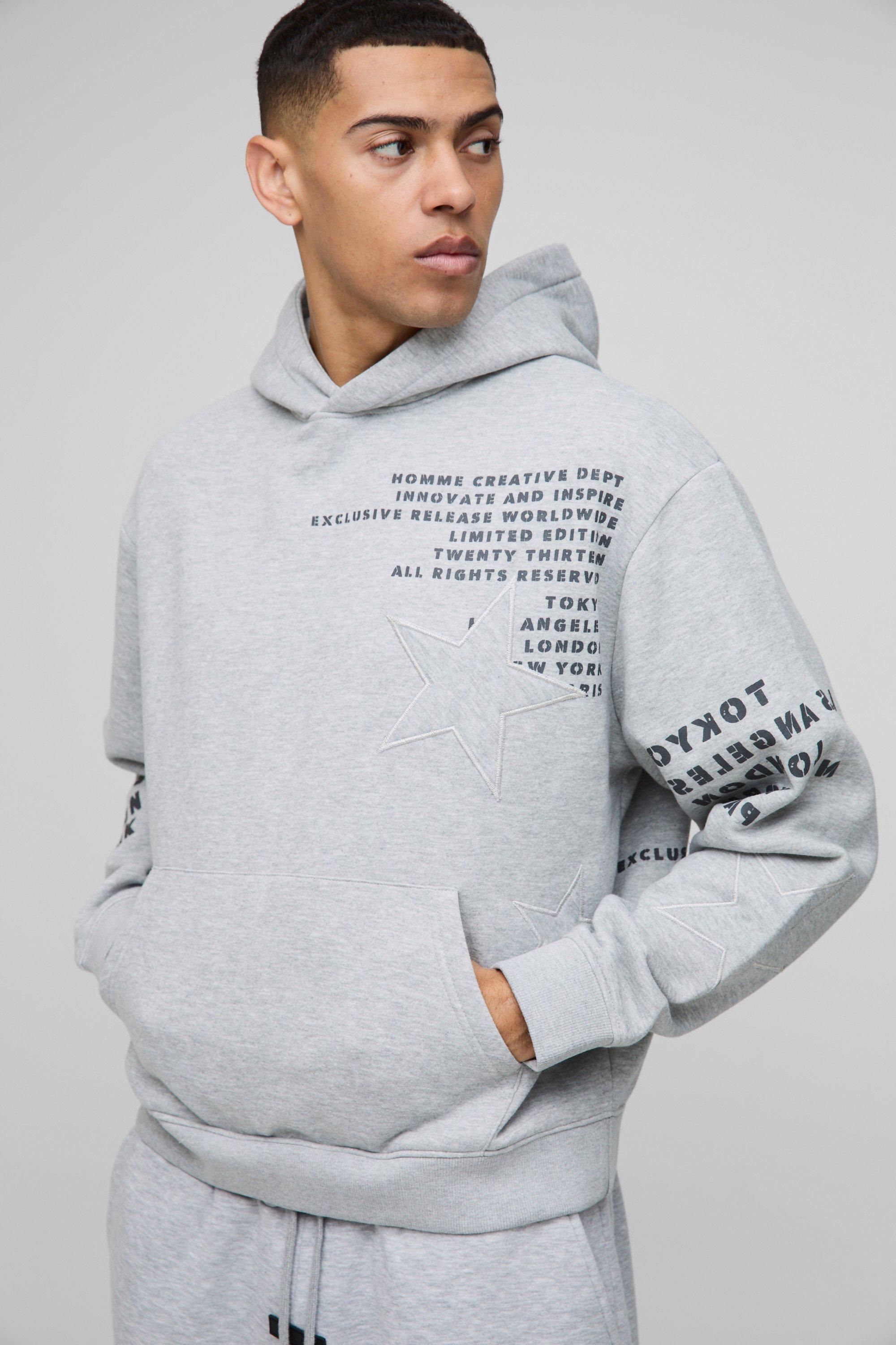 Mens Grey Oversized Boxy Star Applique Hoodie, Grey